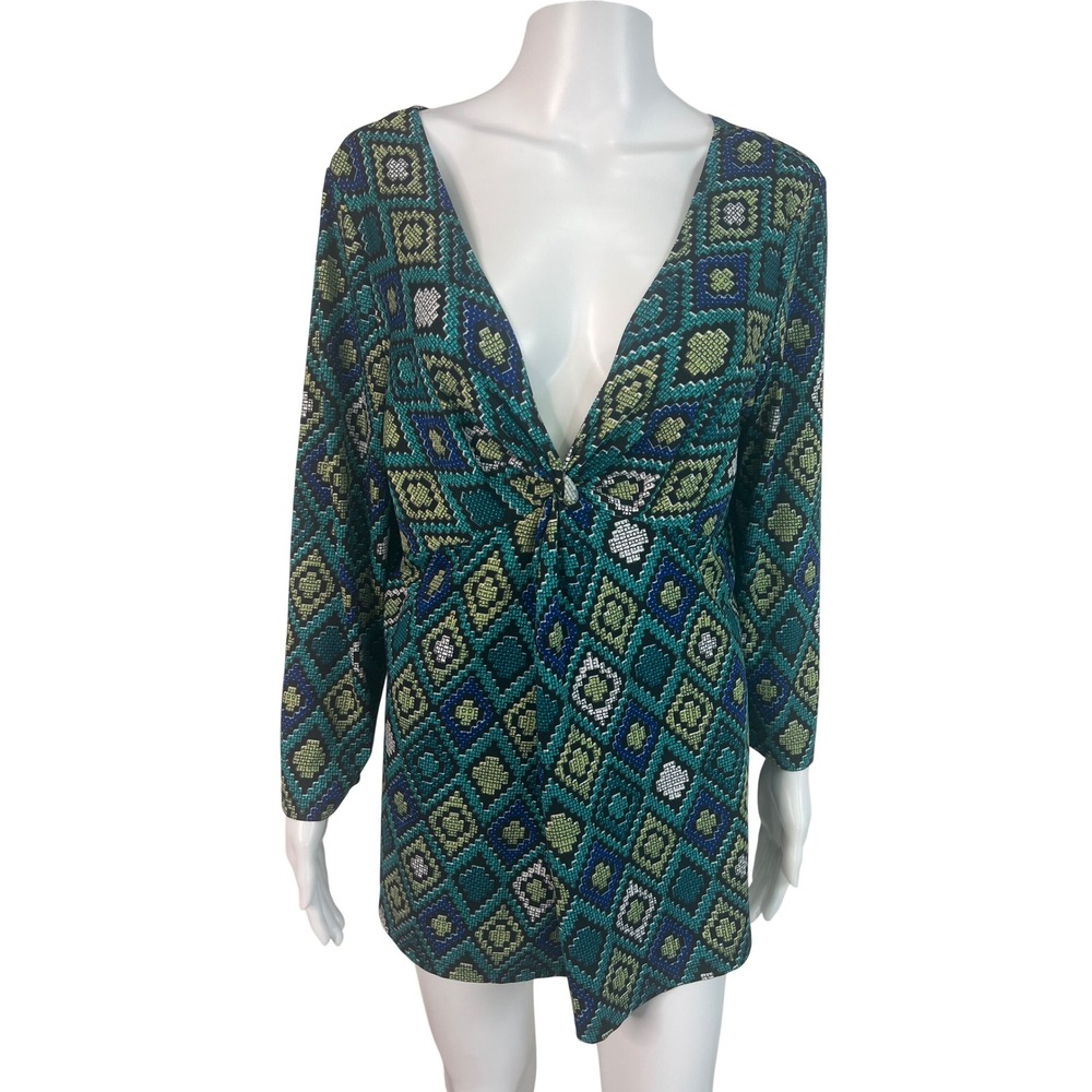 Travel Elements Women's XL Top Blouse Geometric Deep Plunge Twist Front Teal